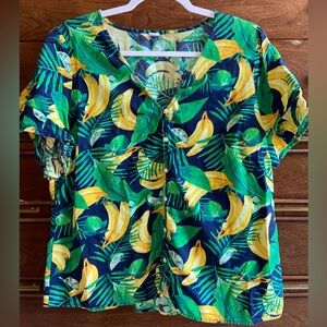 Old Navy Women's Bananas Green Leaves Button Up V Neck Top Shirt Size XL